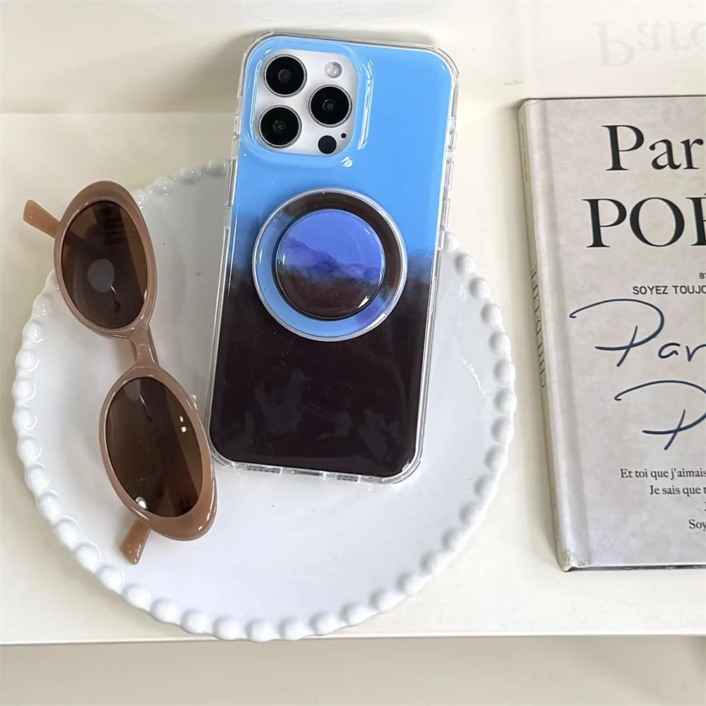 Creative Blue Brown Bracket Protective Cover for Apple iPhone 16 ProMax iPhone 15/14/13 Soft Case Anti Drop