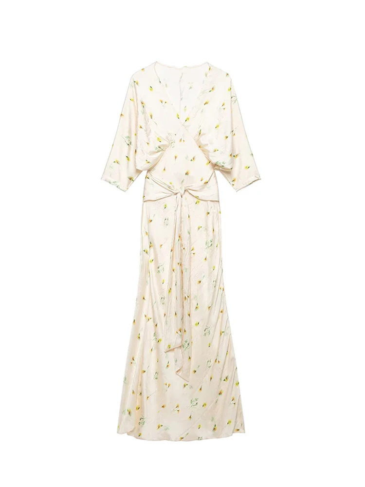 TFMLN Women Floral Print Pleat Party Dress Elegant High Waist Bat Sleeve Slim Fit Long Dress Female Autumn New Fashion Evening