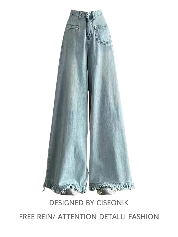 

Large Size Tassel Hem Denim Jeans Women's Spring New Straight Loose High Waist Wide Leg Floor Length Pants Casual Style
