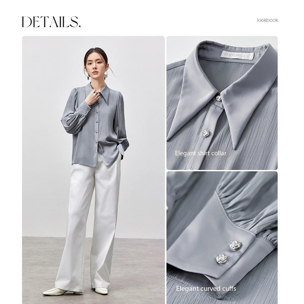 SENTUBILA Women's Office Lady Shirts 2025 Spring Autumn Solid Casual Straight Metal Single Breasted Shirts & Blouses 143C55834