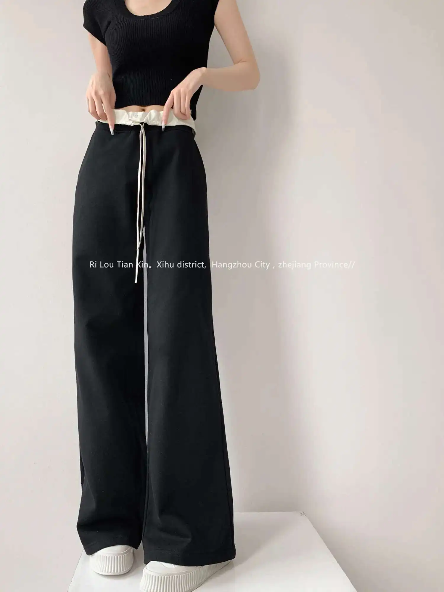 

Autumn 2024 Early New American Double Waist Color Blocked Drawstring Wide Leg Pants Women Spicy Girl Loose Casual Pants SXY1