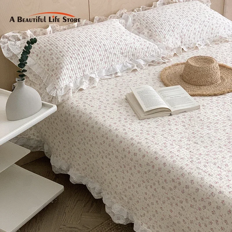 Korean Princess Style Floral Lace Ruffles 100%Cotton Quilted Bedspread Bed Cover Mattress Topper Coverlet Bed Sheets Pillowcases