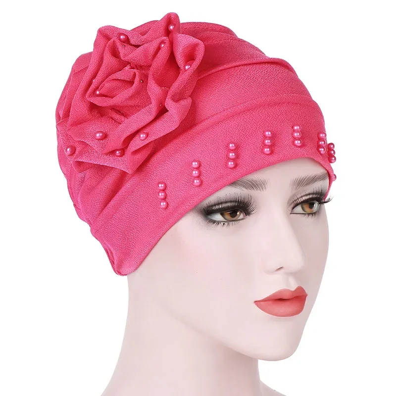 Helisopus Women New Fashion Ruffle Beaded Solid Scarf Cap Muslim Head Wrap Chemo Turban Bandanas Ladies Hair Accessories