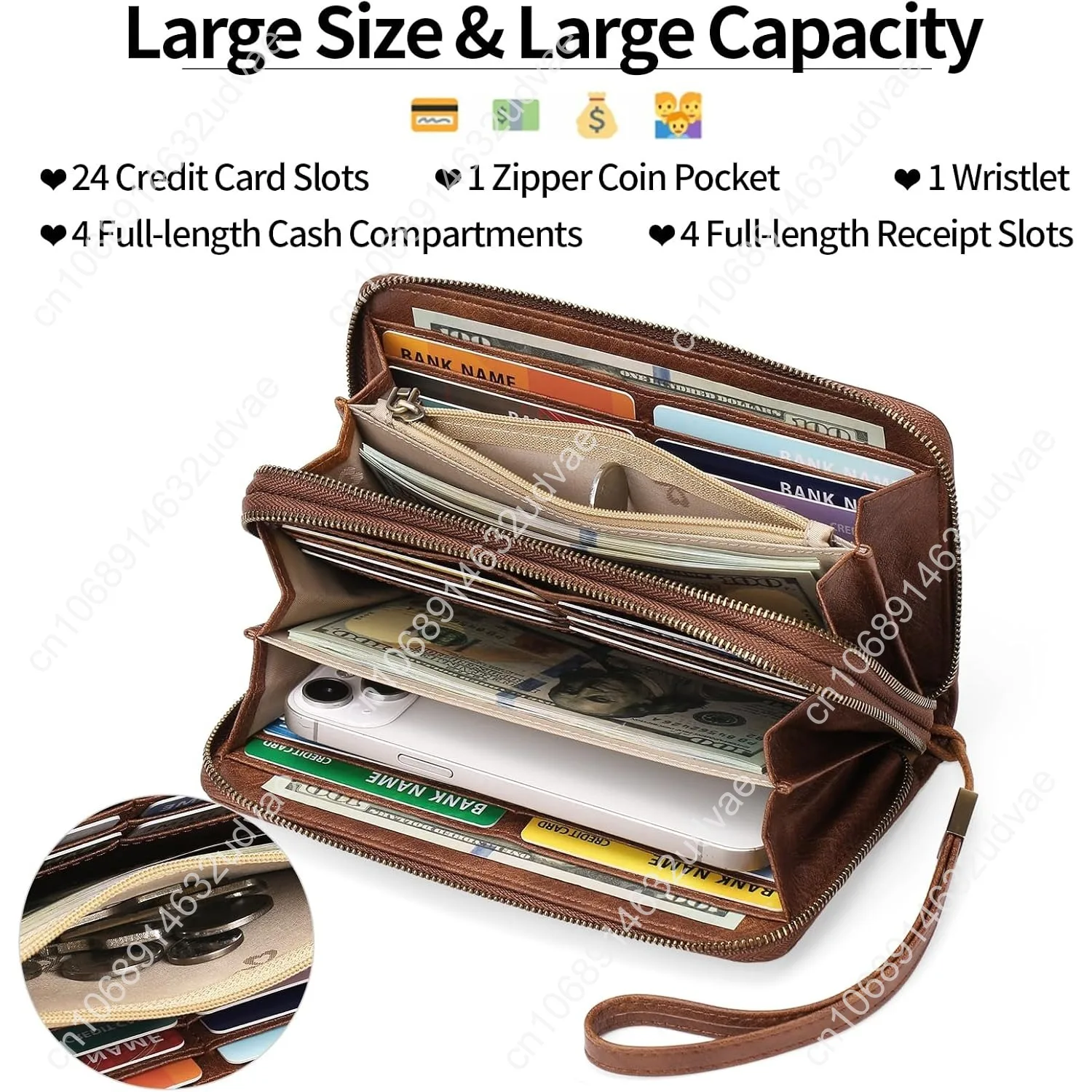 GAEKEAO Wallet for Women Clutch RFID Blocking Wristlet Leather Purse Large Capacity Credit Card Holder with Grip Hand Strap