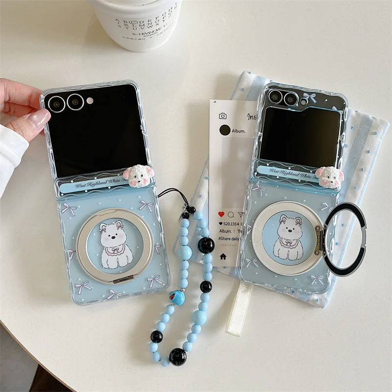 

Bow Cartoon Dog Stand for Samsung Galaxy Z Flip 7 6 5 4 Protective Back Cover for ZFlip5 ZFlip6 ZFlip7 Case Shell