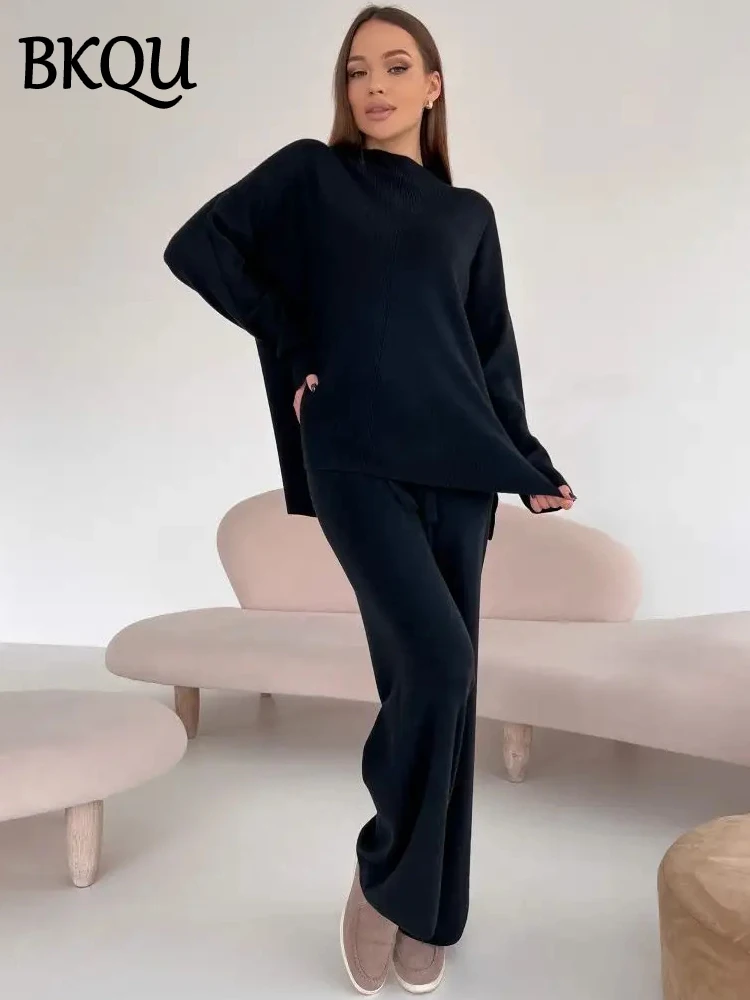 BKQU Casual Split Long Sleeve Sweater Pants Suits Women\'s Knitted Two Piece Sets Loose Soft Winter Female Commuting Outfits 2025