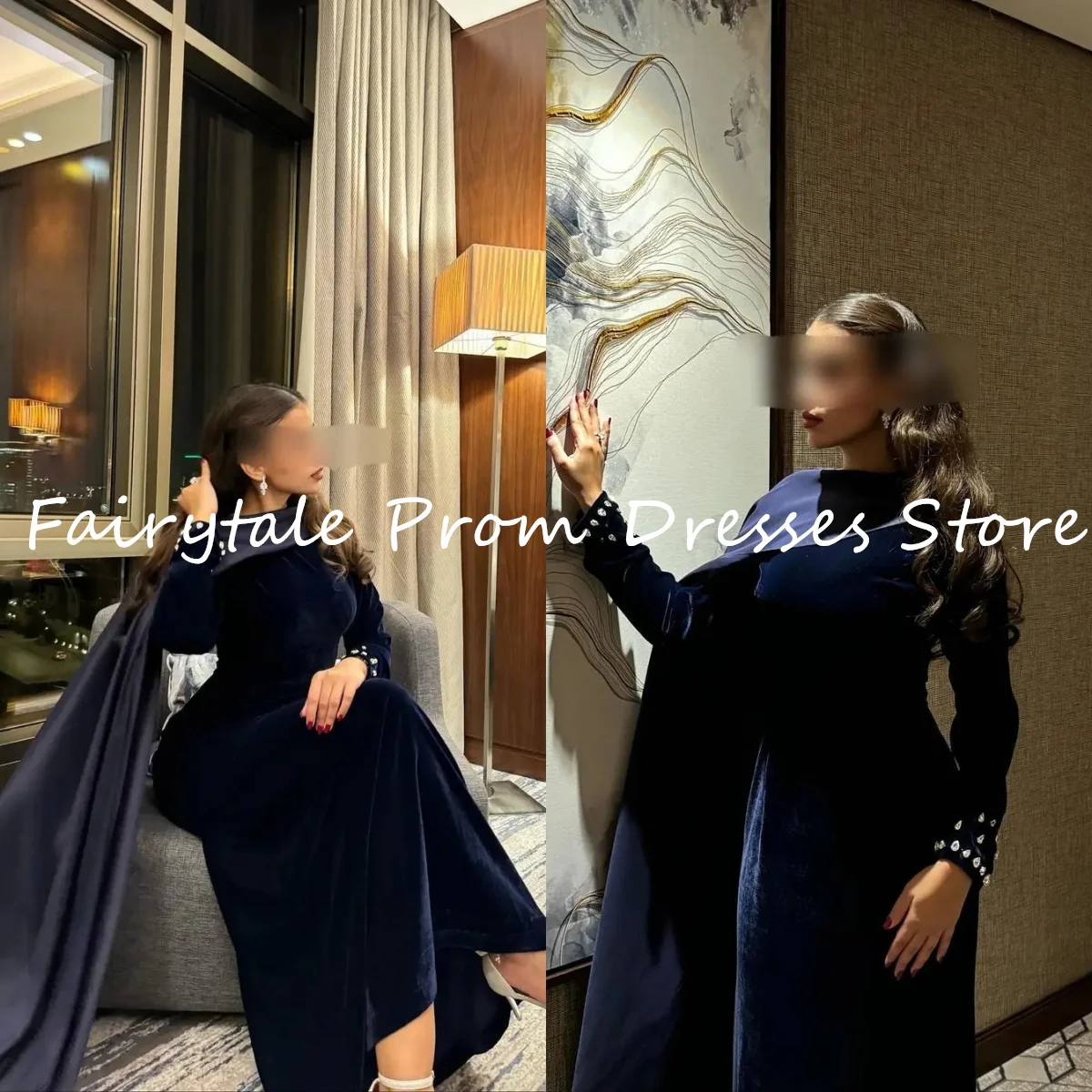 

Fairytale Navy Saudi Arabia Formal Women Prom Dress Crystal Luxury Evening Dresses Long Sleeves Beads Sexy Trumpet Wedding Party