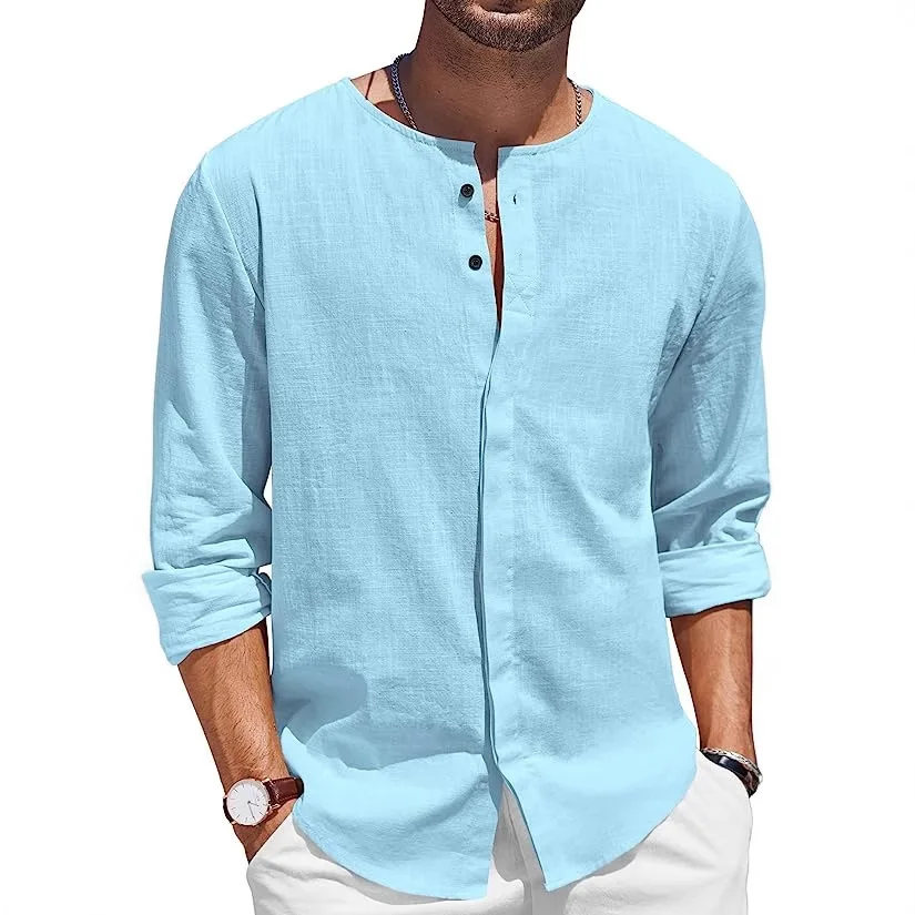 Camicia da spiaggia casual con collo a bottoni a maniche lunghe in cotone e lino tinta unita moda casual da uomo nuova