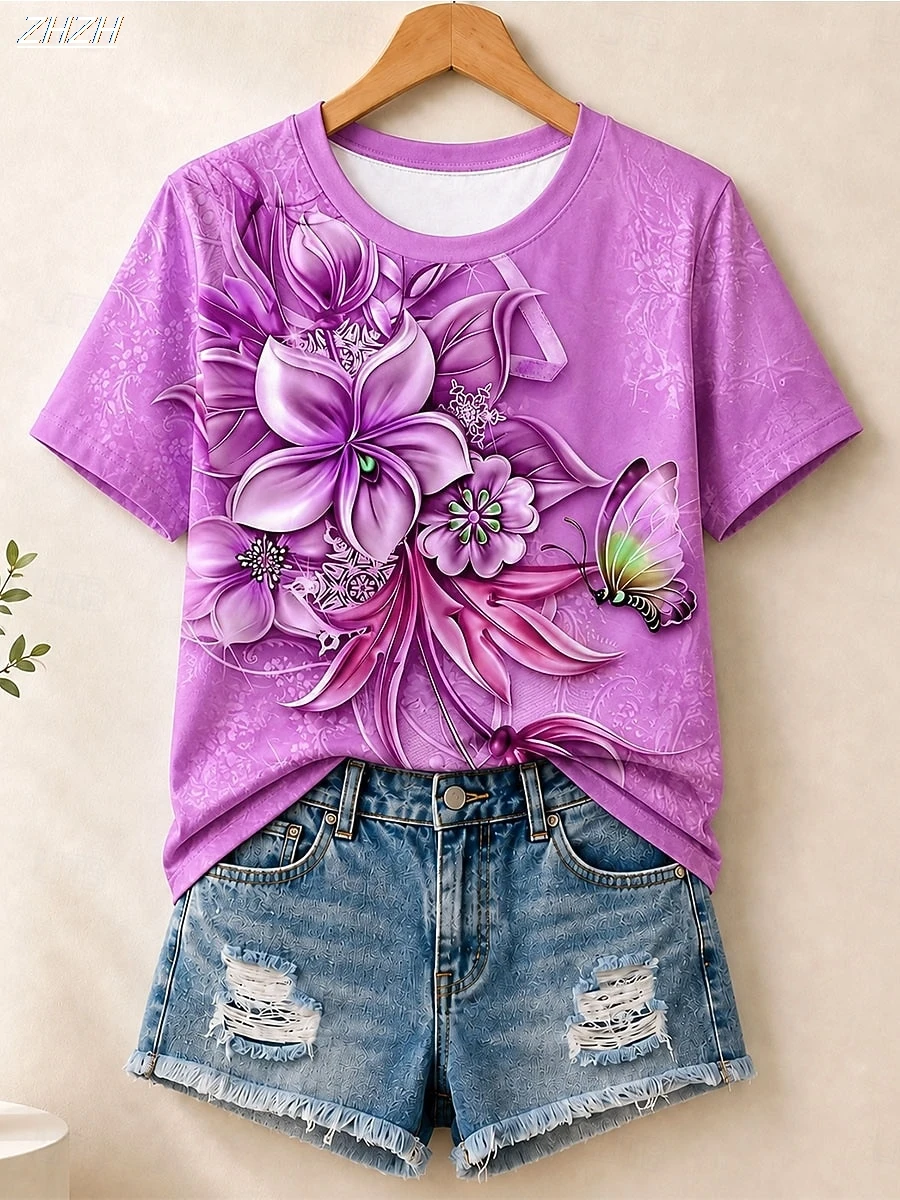 Women's Summer Tops Floral Graphic Plants Fashion Stylish Modern Short Sleeve Crew Neck Round Neck Regular Tops