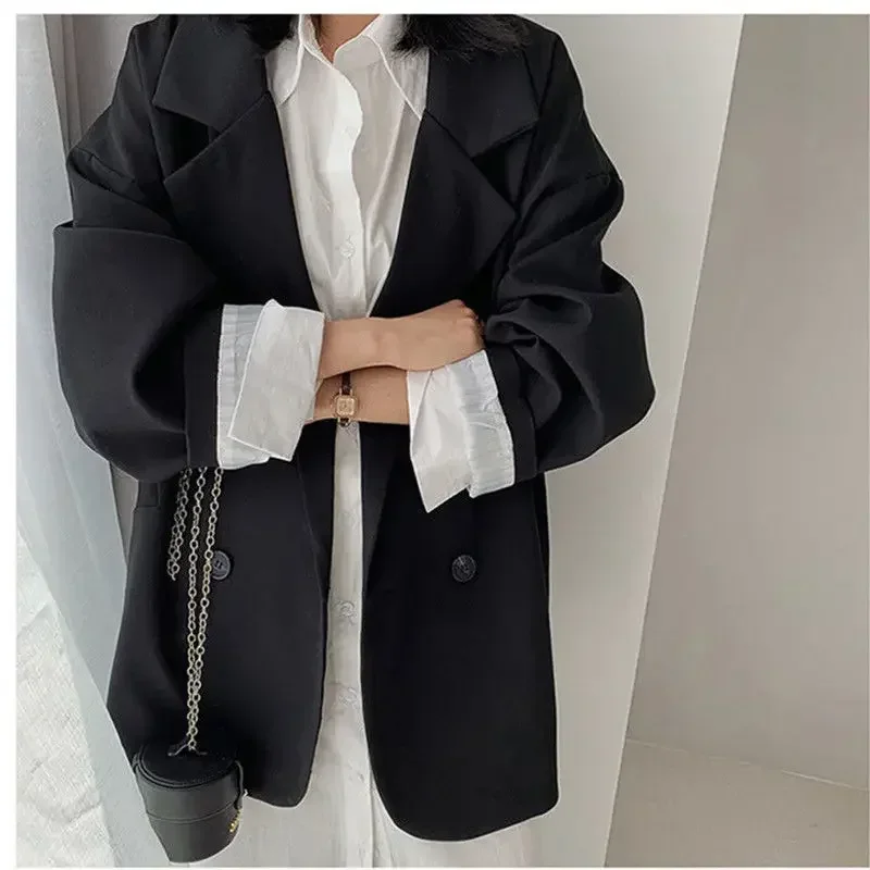 

New 2025 Vintage Loose Women Solid Blazer Autumn Chic Double Breasted Female Long Sleeve Suit Jackets Stylish Ladies Tops
