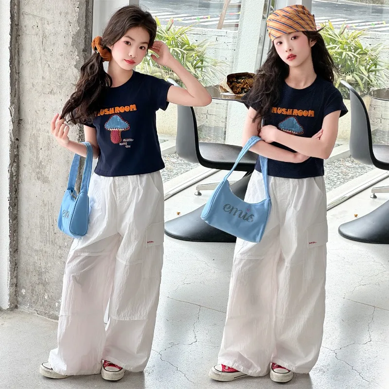 

Children Clothes Girl Summer Cute Cartoon Mushroom Printed Short Sleeve T Shirt And White Cargo Wide Leg Pants 2026