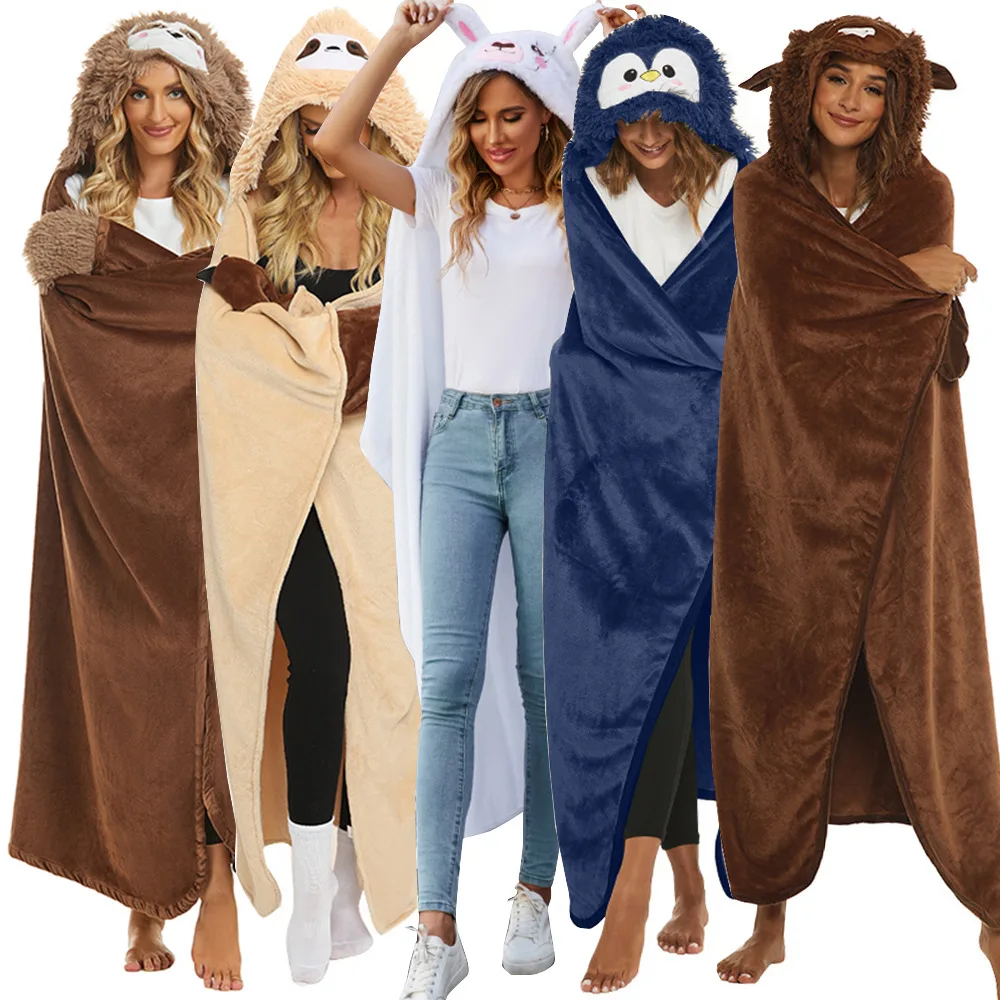 

Winter Warmth Hooded Cape Animal Sloth Penguin Yak Panda Cartoon Embroidered Double-Sided Blanket Flannel Wearable Blanket New