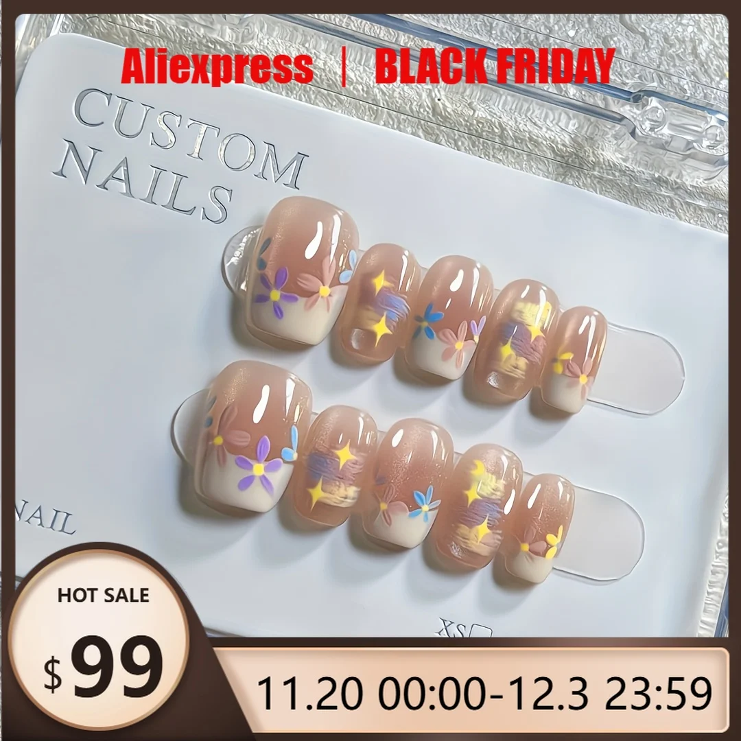 

10pcs Handmade Press on Nails Spring&Summer Oil Painting Dopamine Cream Small Flowers Fake Nail for Women&Girl Removable Nail