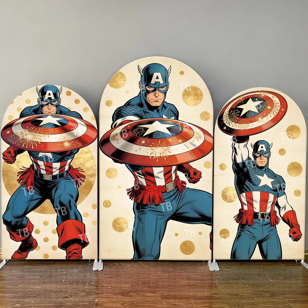 

Captain America Gold Style Arch Backdrop Cover Festive Hero Scene For Kids Birthday Baby Shower Photo Booth Decor Background