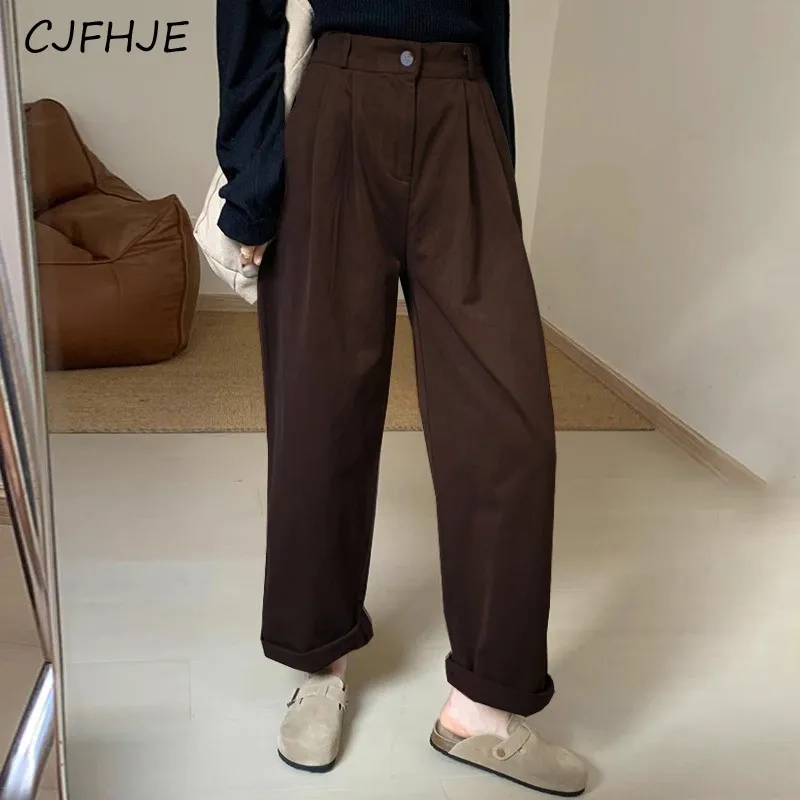 CJFHJE-Calça de perna larga monocromática feminina, casual clássica solta, cintura elástica, moda coreana, nova, outono