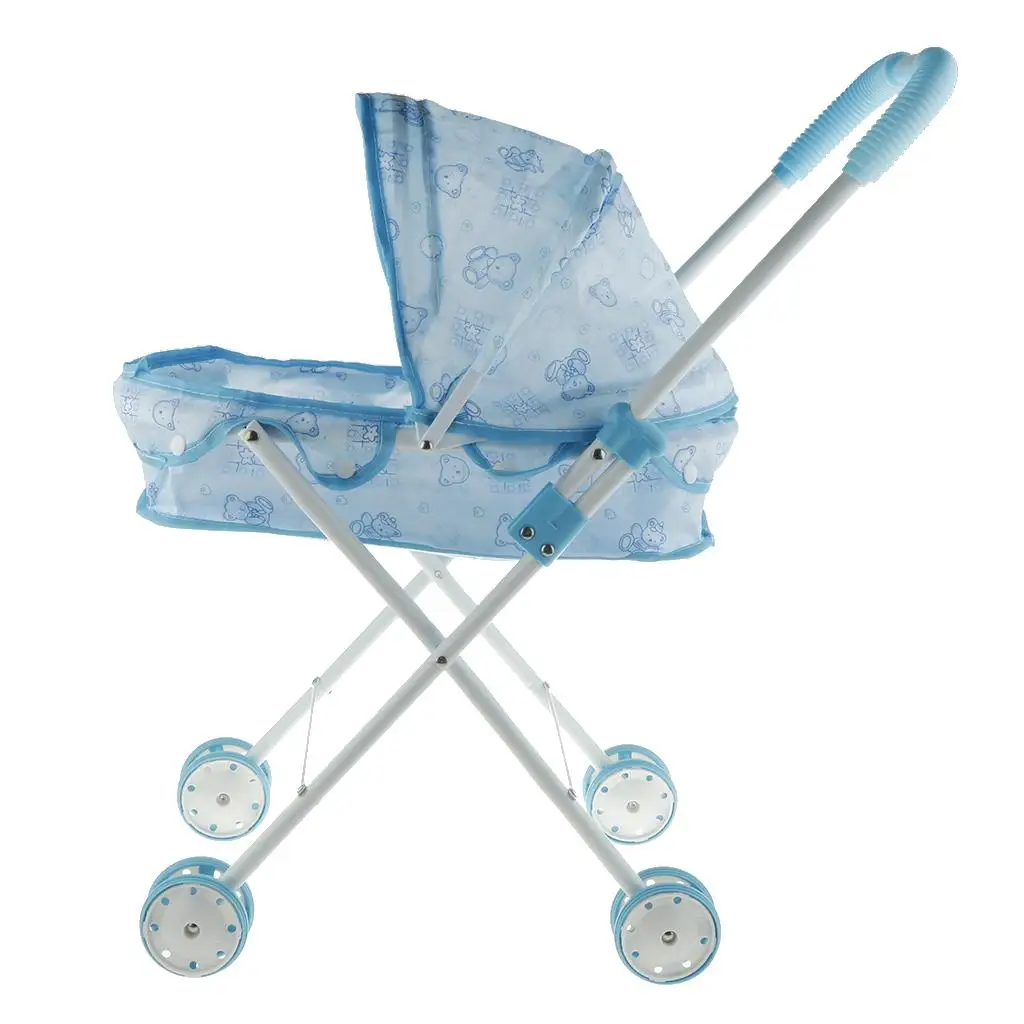 Blue Doll Stroller Durable Double Wheel Accessories Pretend Play Set for Children Toy Girl