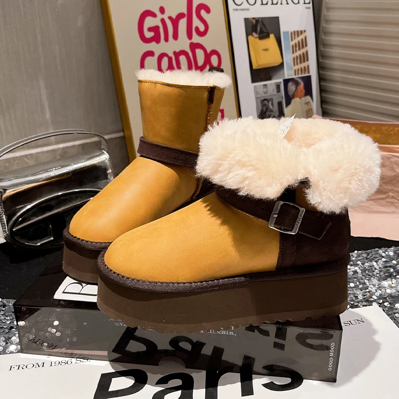 

Fur Women's Snow Boots Flats Platform Warm Cozy Shoes Fashion Short Plush Winter Ankle Botas 2025 New Casual Cotton Boots Femme