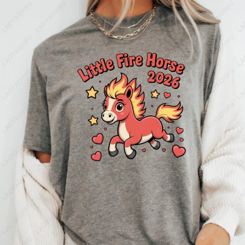 Year of The Little Fire Horse 2026 Men Women Cotton Camisetas Lunar New Year Family Gift Regular Short Sleeve Casual Cute Tshirt