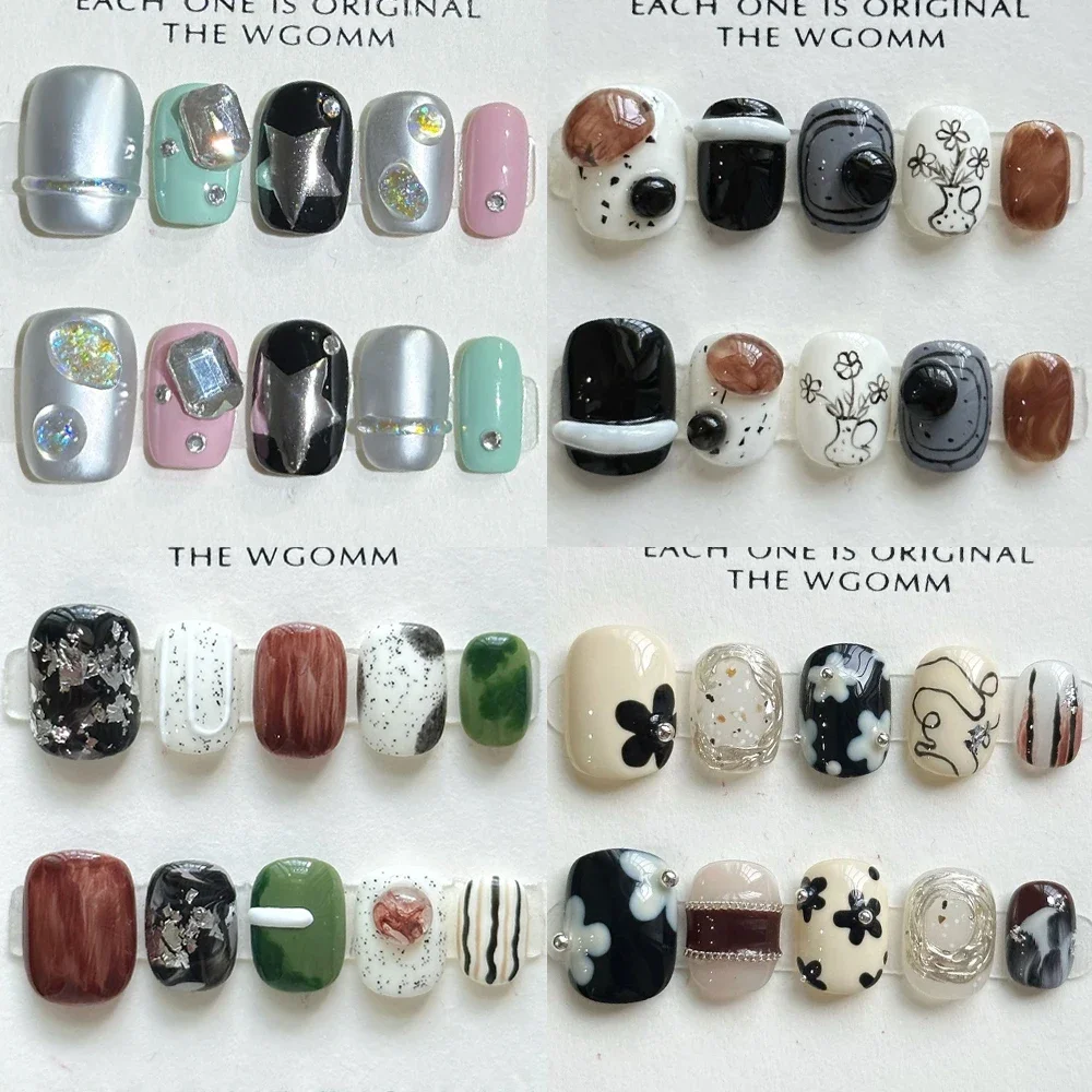 

10Pcs Short Square Round Handmade Cute Press On Nails Cartoon Flower Rhinestone Colored Cat Eyes Wearable Manicure Nail Tips