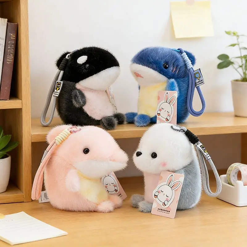 Cute Marine Animal Plush Keychain Stuffed Toy Bag Charm Pendant Adorable Fluffy Ocean Animal Plushie for Backpack Handbag Gift