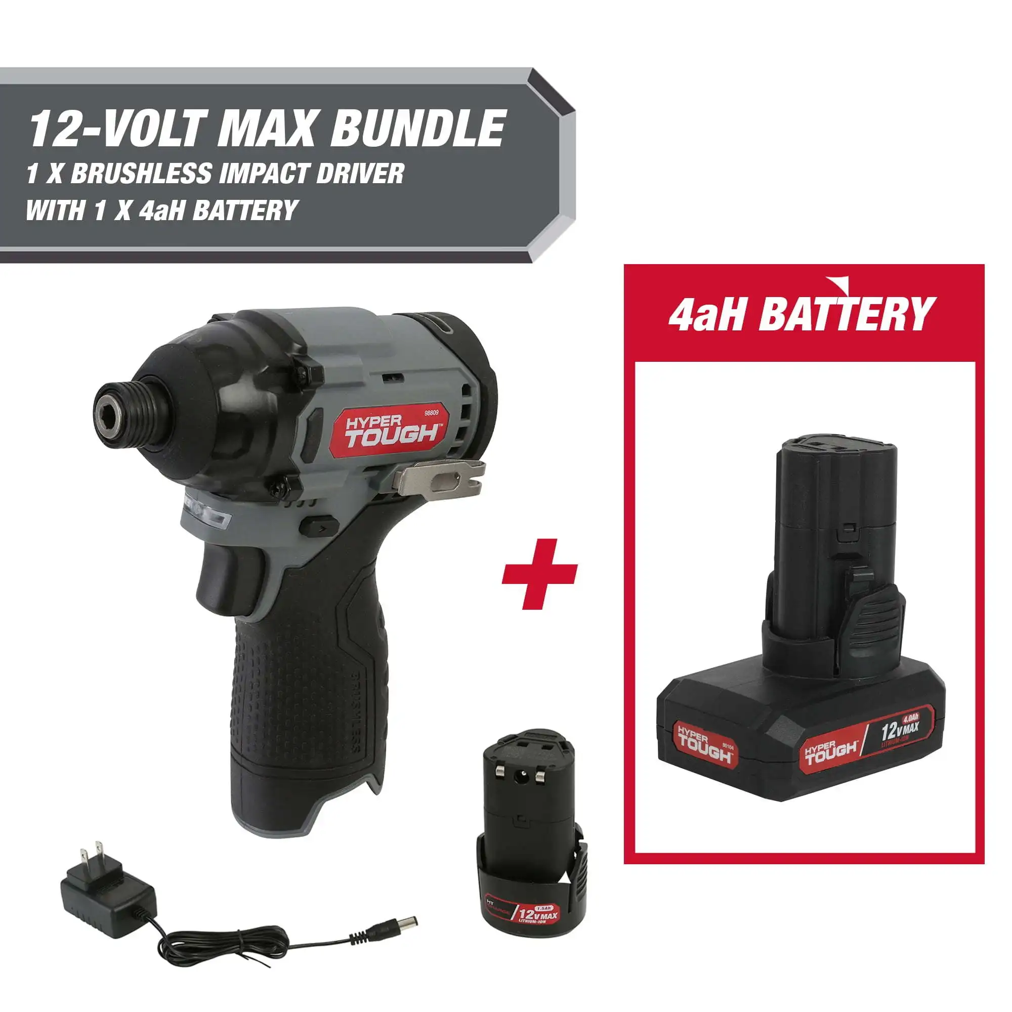 Hyper Tough 12-Volt Cordless Brushless Impact Driver Plus 4 Ah Battery