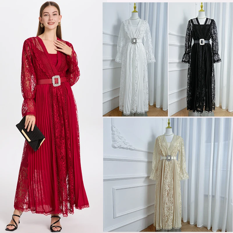 

French New Elegant Solid Hollow Out Dresses Women V Neck Long Sleeve High Waist Spliced Belt Temperament Dress Female Fashion