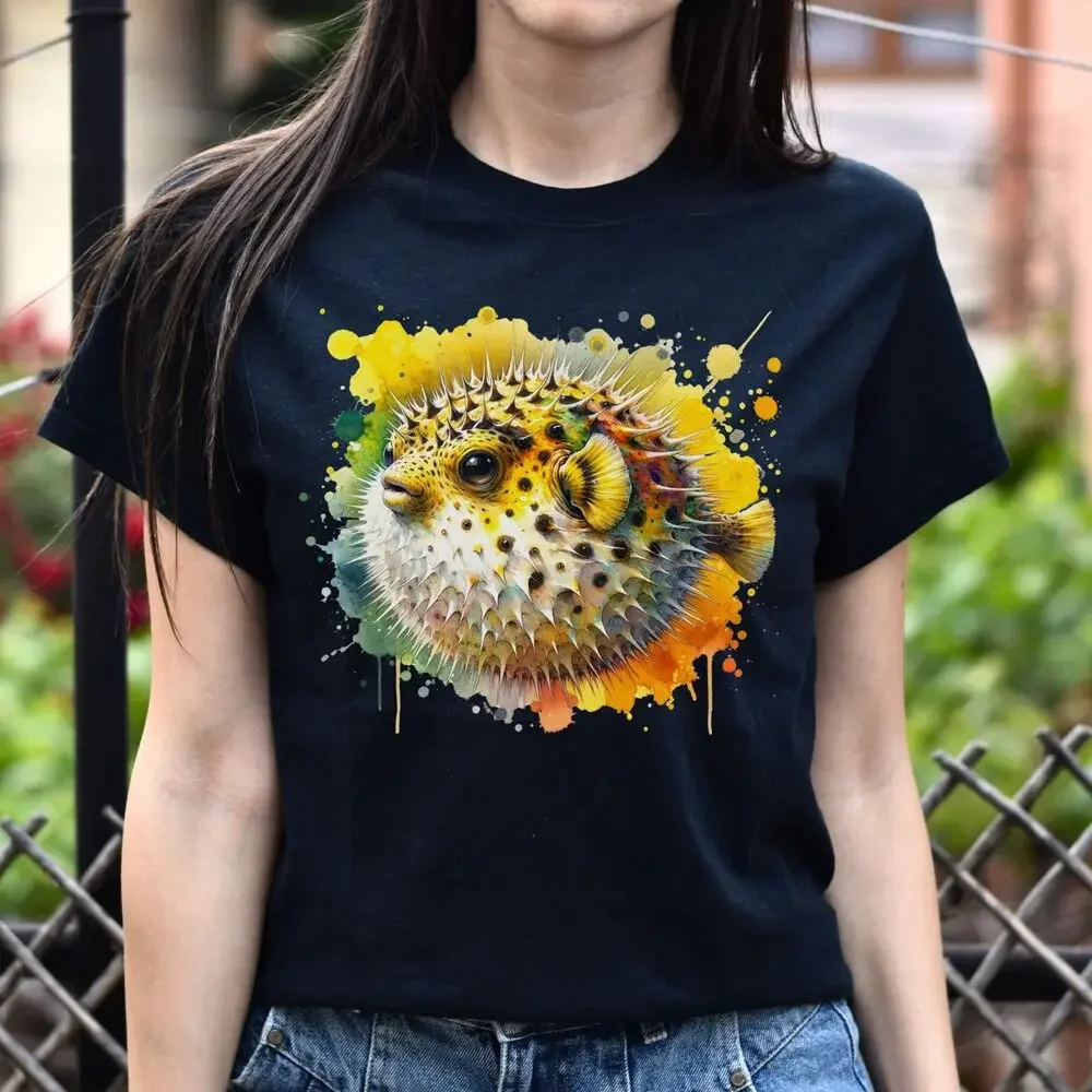 Vibrant Pufferfish Color Splash Unisex T-shirt Black Navy Dark Heather tops Unisex Summer Short Sleeve