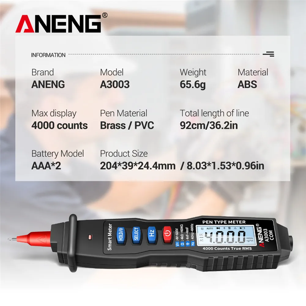 ANENG-multímetro Digital A3003, medidor tipo bolígrafo, 4000 recuentos, sin contacto, CA/CC, resistencia de voltaje, capacitancia Hz, herramienta de prueba, negro
