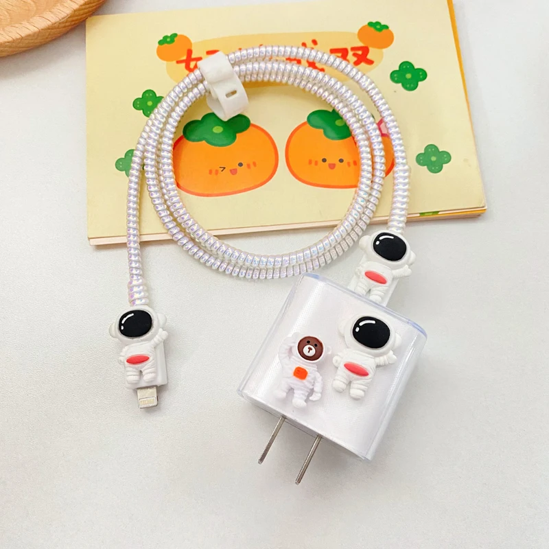 White Astronaut Cable Protector Data Line Spiral Cable Winder Headphone Charger Data Cable Protective Cover Wire Cord Protector