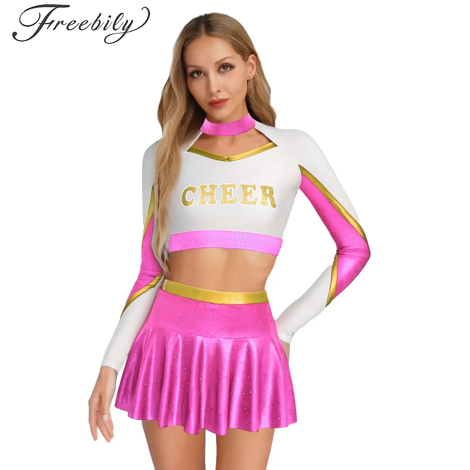

Women Teen Girls Cheerleader Costume Outfits Cheerleading Dance Long Sleeve Crop Tops Mini Skirt Uniforms Match Suit Dancewear