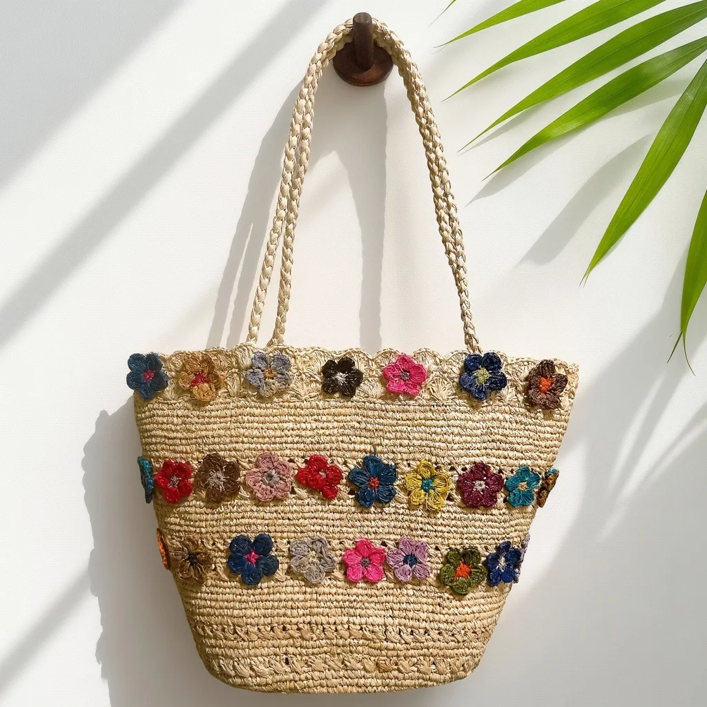 

New Lafite Grass Handmade Weaving Stickers Shoulder Bag Tote Bag Women's Travel Handbag Large Capacity Summer Beach Bag