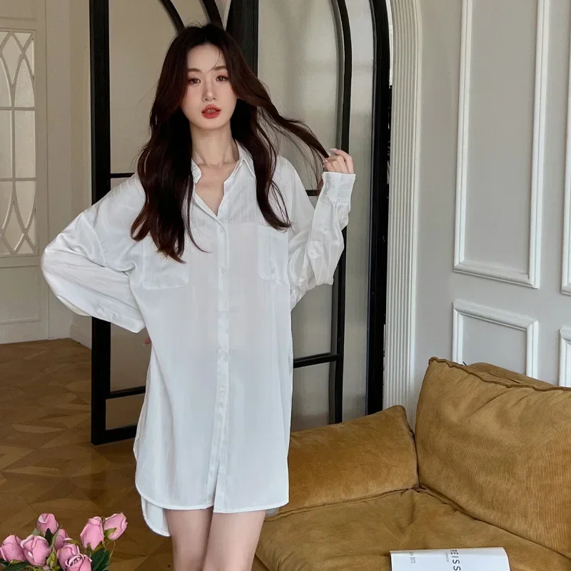 Boyfriend style spring and summer sexy loose  celebrity striped solid color shirt pure desire temptation nightdress loungewear