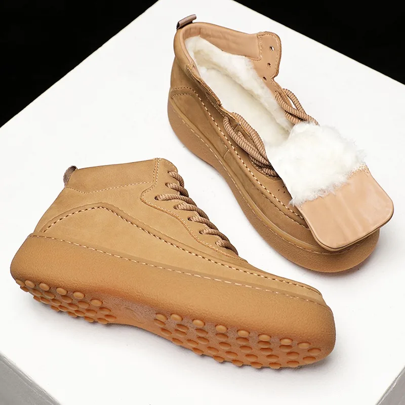 Winter Warm Wool Sport High Top Snow Boots Men Genuine Leather Sneakers Youth Thick Sole Outdoor Casual Platform Boots Male