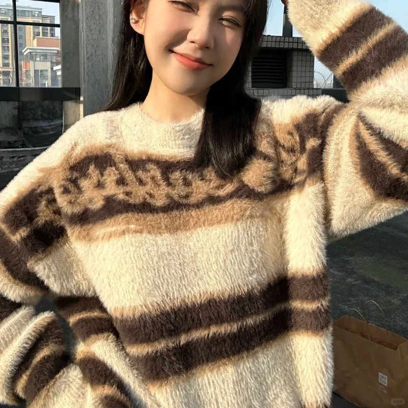 2024 Winter American Retro Coffee Striped Mink Fleece Sweater for Women Autumn/Winter Thick Versatile Loose Casual Knitted Top