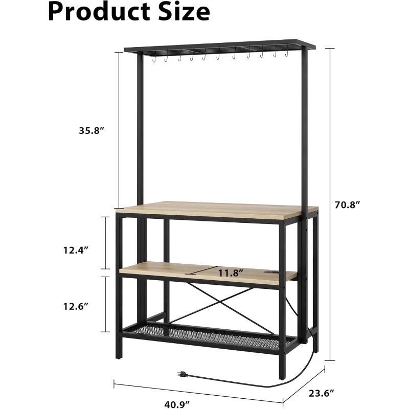 Kitchen Island Bakers with Power Outlet, 4 Tiers Kitchen Microwave Stand, with 12 S-shaped Hooks, Bakers Rack with Storage for S