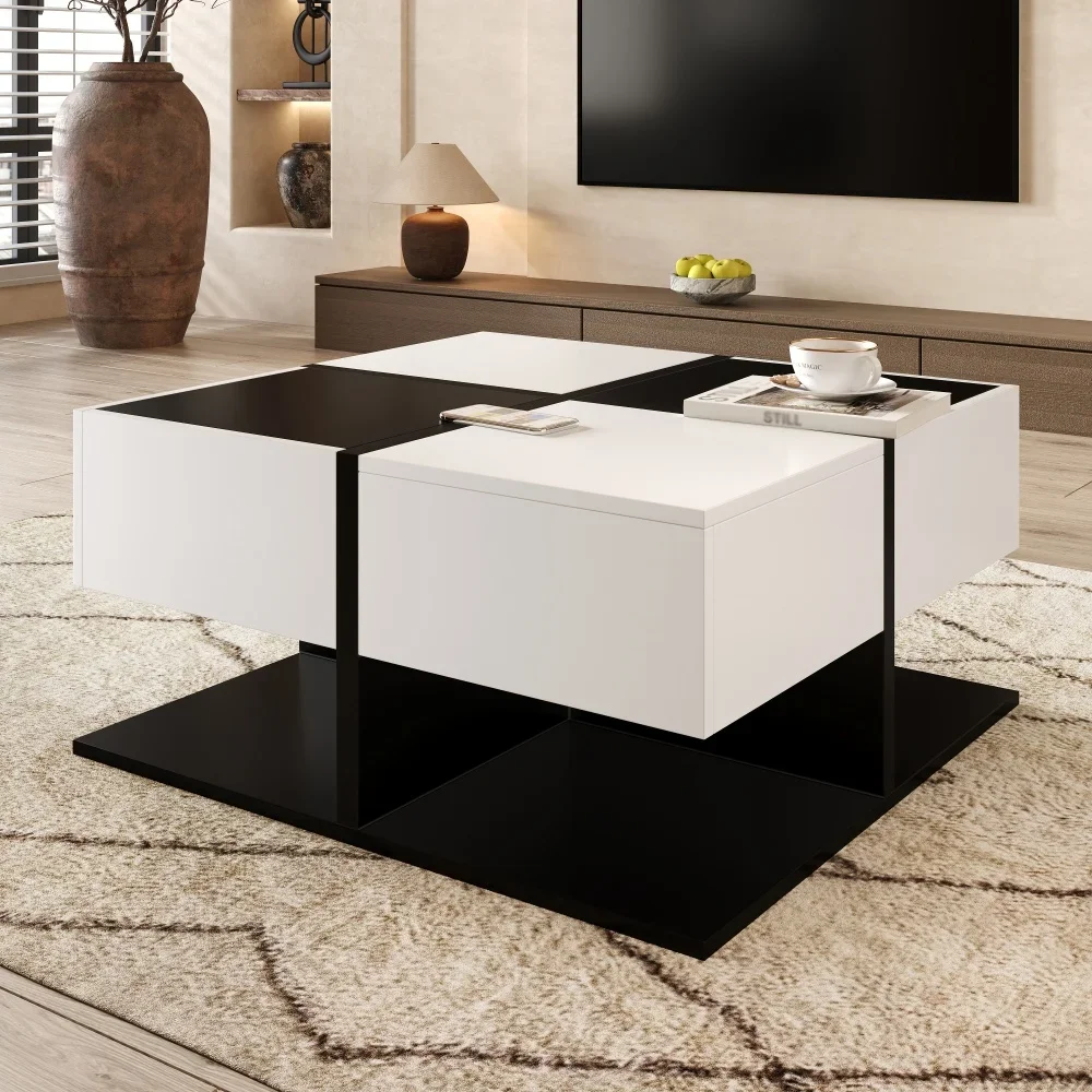 Moderner quadratischer Couchtisch in Schwarz und Weiß mit Stauraum und Schubladenschienen, 70 x 70 x 35,5 cm – Detail 5