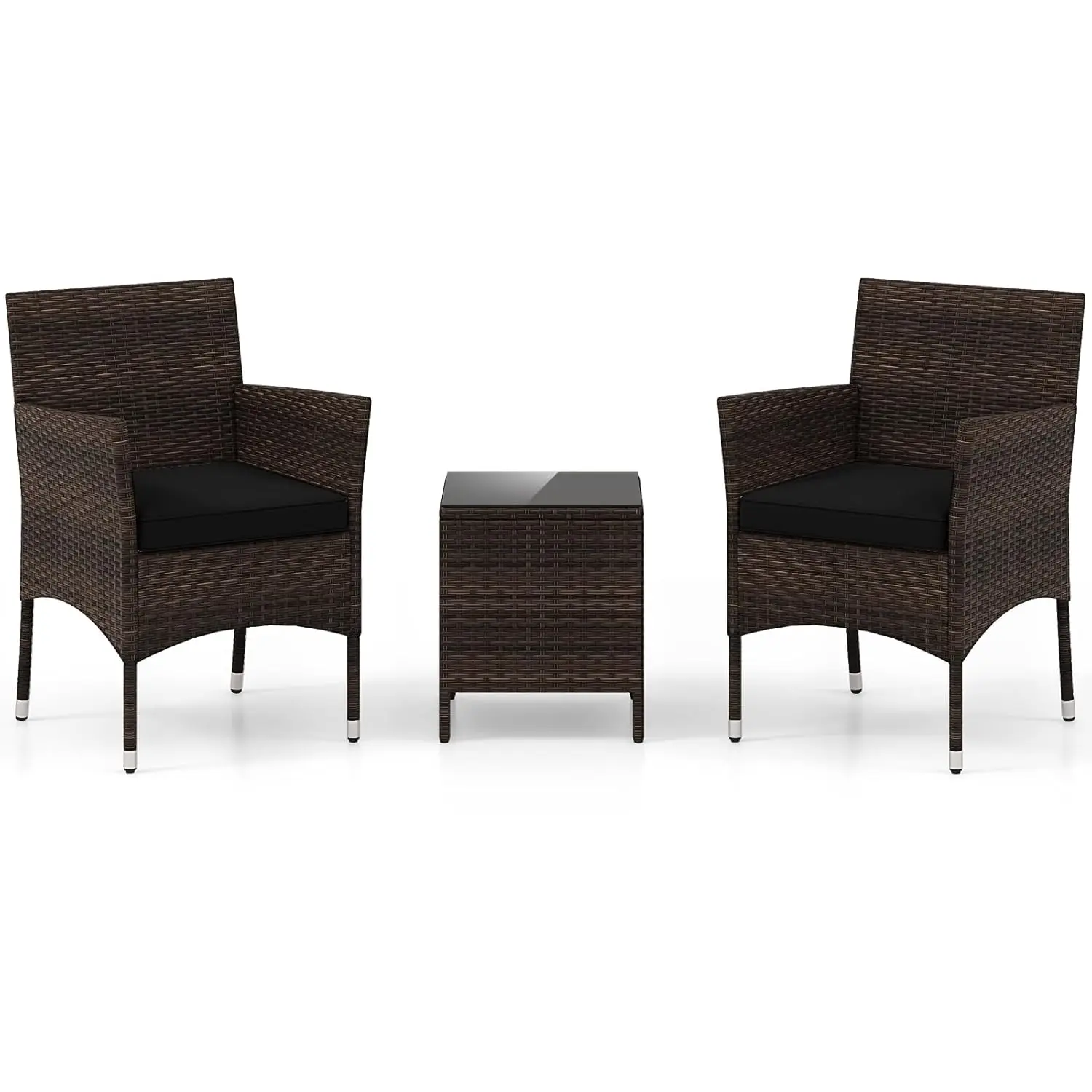 

3 Piece PE Rattan Patio Furniture Set with 2 Chairs & Glass Table for Backyard Porch Poolside, Customized