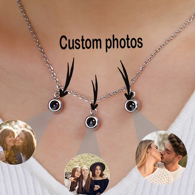

Custom Photo Necklaces 316L Stainless Steel Personalized with Projection Inside Round Nameplate Pendant 1-3 Photos Memorial Pic