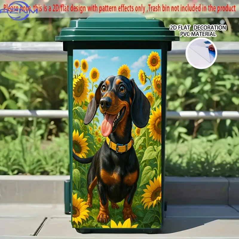 Dachshund in Sunflower Field Self-Adhesive Dustbin Sticker, Durable, Removable, PVC Decorative Sticker, Wheelie Bin Sticker,