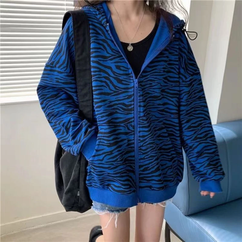 American Retro Design With Zebra Print Jacket Women's Spring And Autumn Thin Style Niche Blue Print Slimming Casual Hoodie Trend