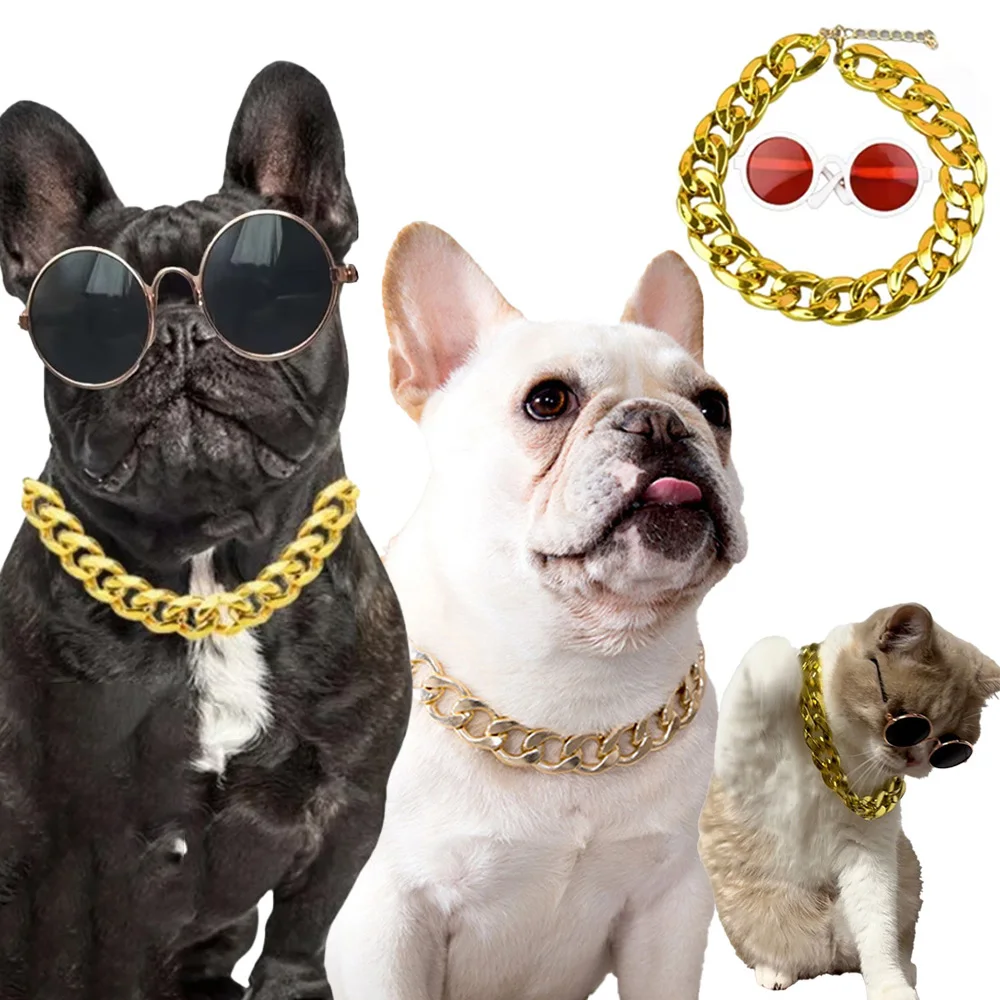 

Pet Bling Chain Necklace & Cool Glasses – Stylish Gold Collar for Dog & Cat – Hip Hop Pet FashionGift
