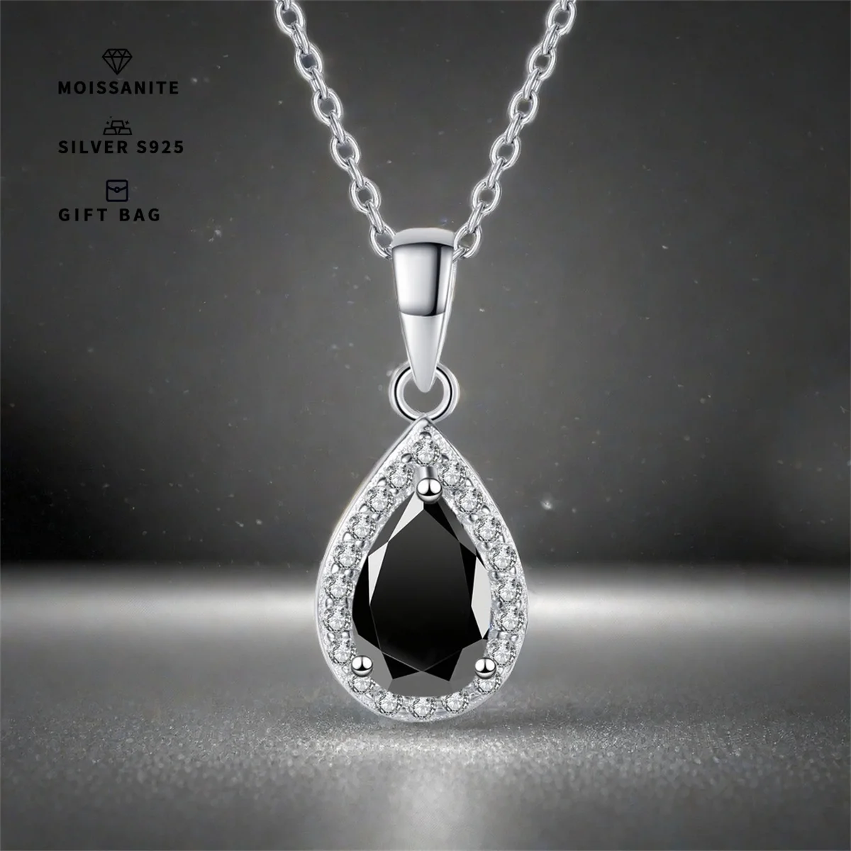 S925 silver plated platinum inlaid with pear-shaped Black GRA Moissanite Necklace Sweet Pendant Simple Clavicle Chain for women