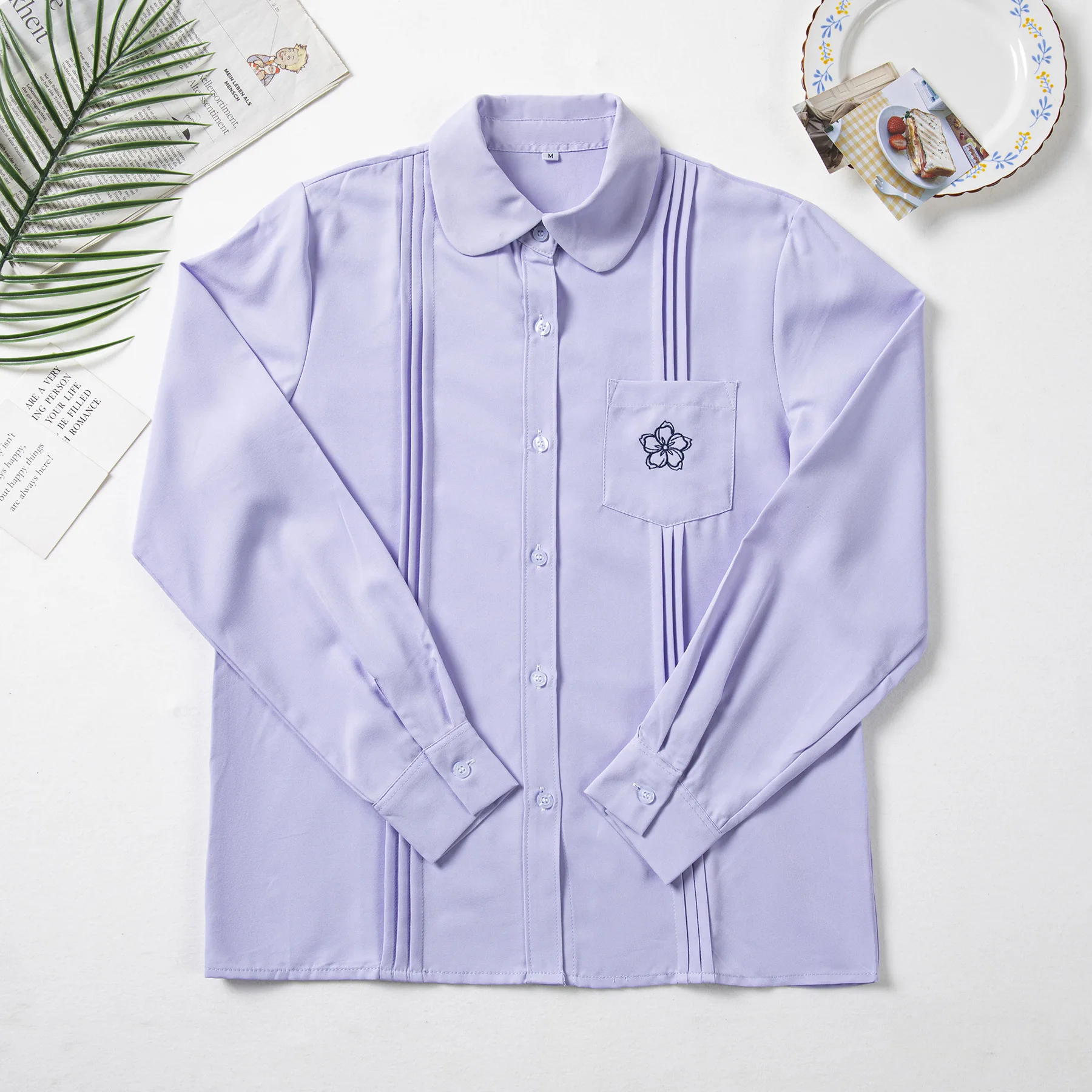 

Thai Style College JK Uniform Shirt, Organ Pleated & Embroidered Loose Crew Neck Top,For Class,School,Graduation&Sports Day Wear