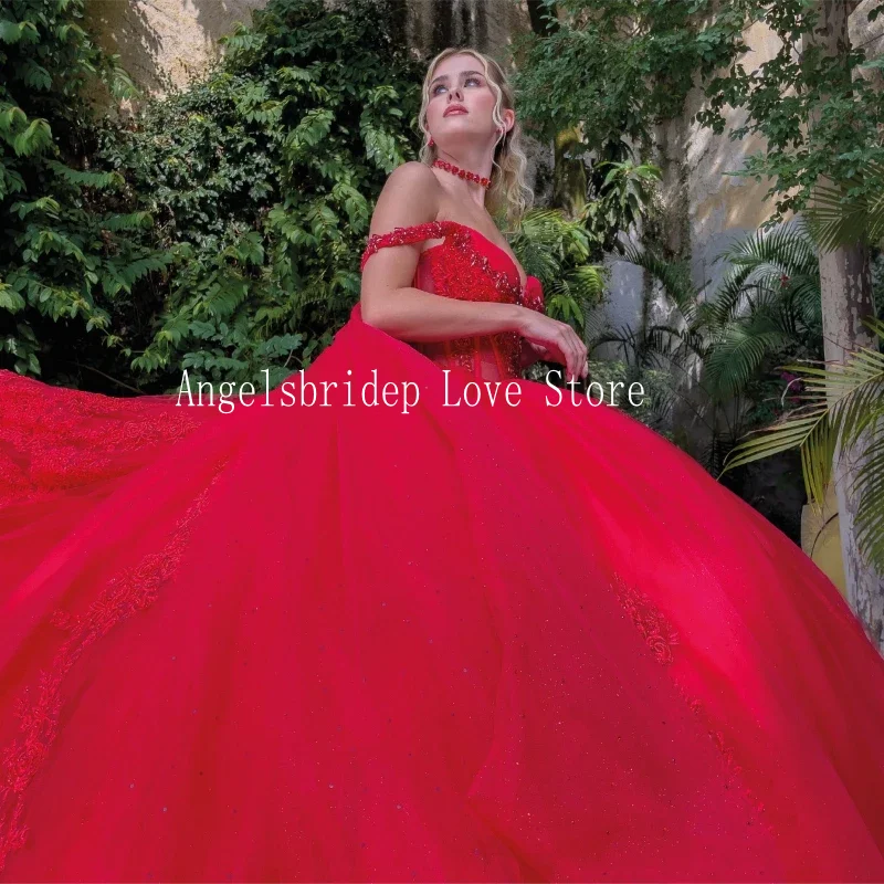 Angelsbridep Luxury Red Ball Gown Quinceanera Dresses Long Train Applique Elegant Party Dresses For Women 2024