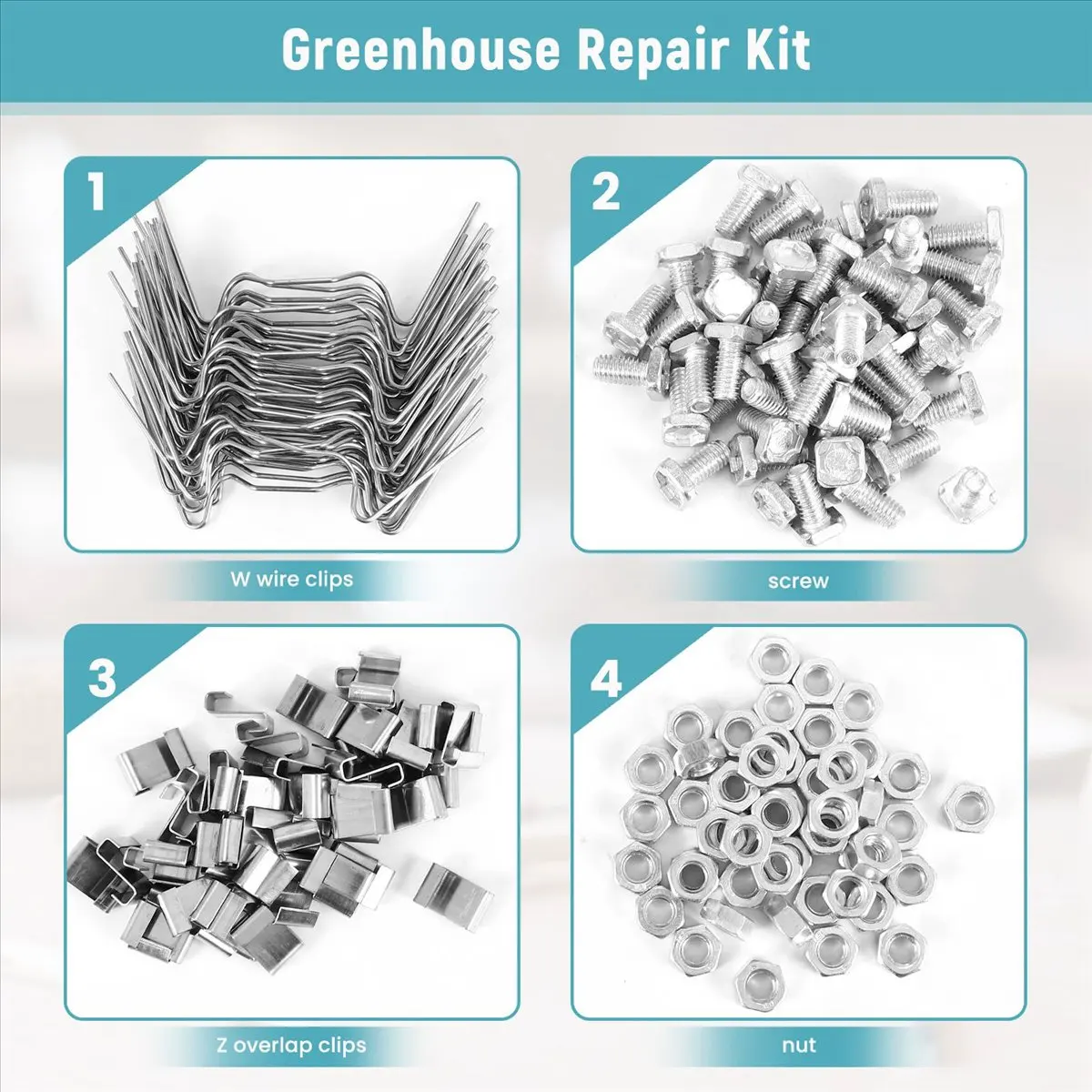 AT63 200Pcs Greenhouse Repair Kit, Include Glazing W Wire Clip, Z Overlap Clip, Aluminium for Nut and Bolt for Aluminium