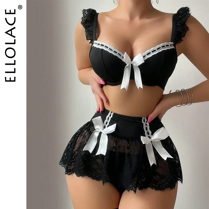 

Ellolace Daring Lingerie Woman Bowknot Bra See Through Lace Skirt Youth Sissy Bra Set Black Ensemble Underwear 3-Piece Intimate