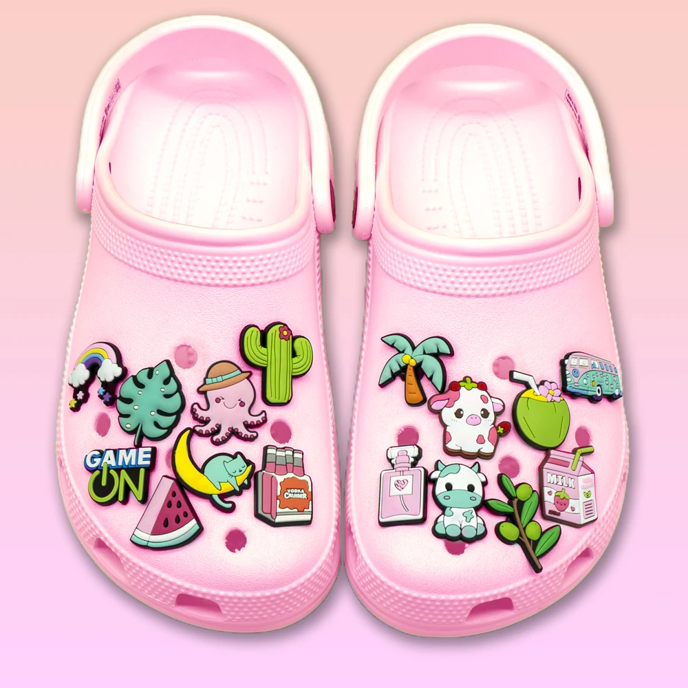 1/30 Uds. Decoración de zapatos de leche de gato calamar de vaca rosa para sandalias, Cactus verde, corazón de coco, accesorios para zapatos, dijes que se adaptan a todos los zuecos