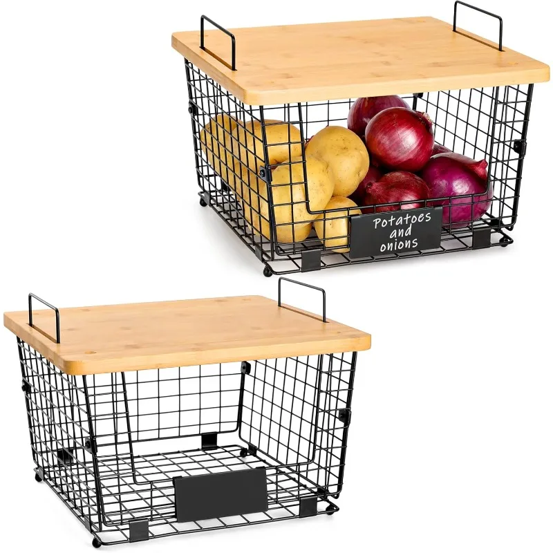 2 Set Stackable Wire Basket with Bamboo Top - Kitchen Counter, Pantry Organizer and Storage - Produce Onion Potato Fruits Vegs