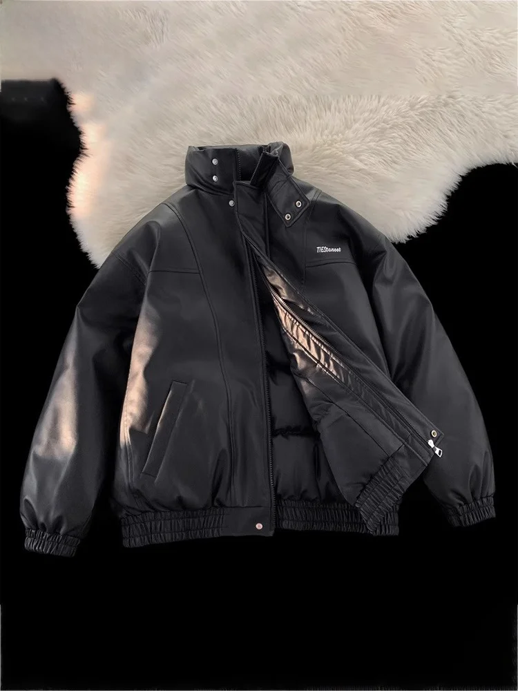 

Luxury Lightweight down Jaet Men's Winter New 2025 Thiened Motorcycle PU Leather Coat Couple Baseball Cotton Coat
