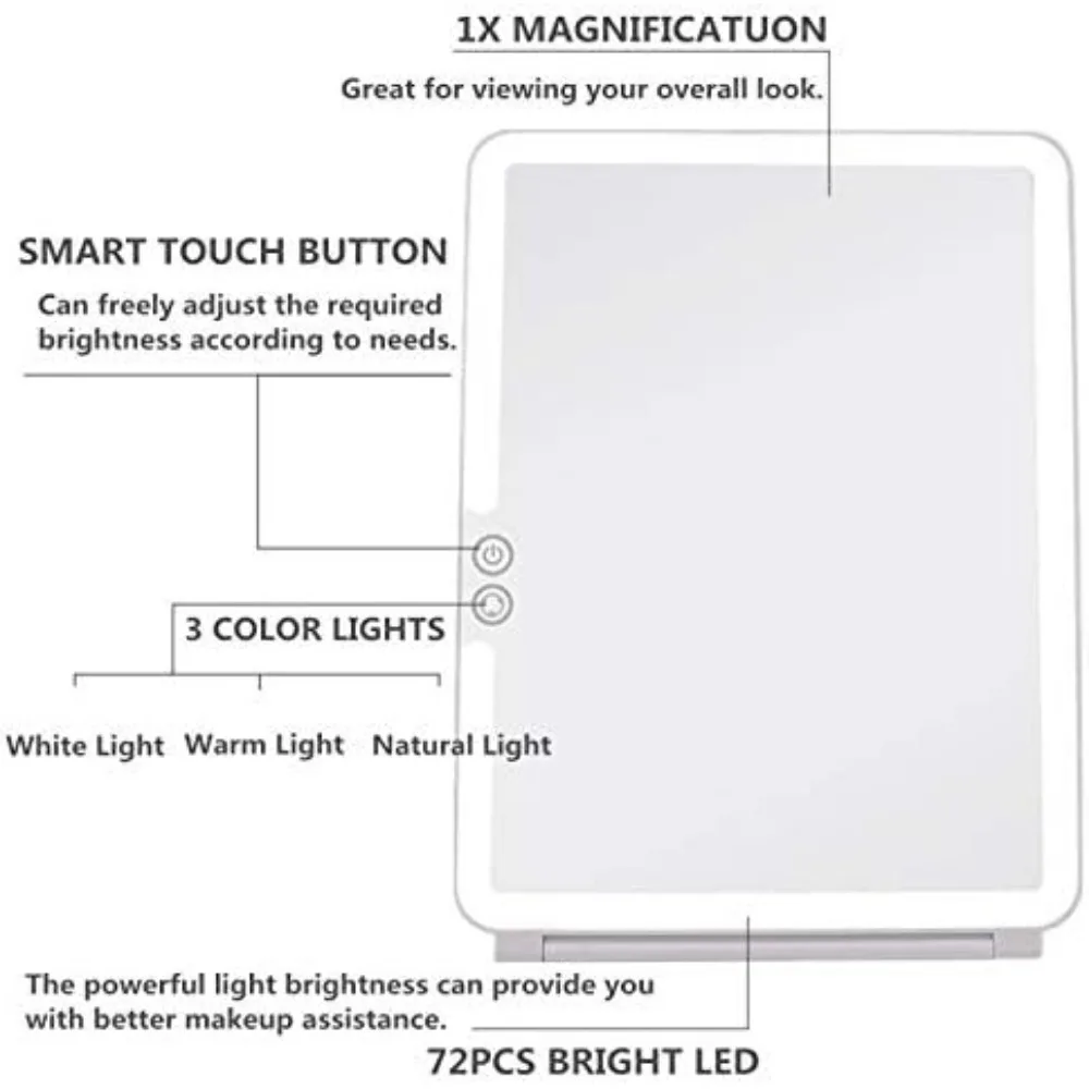 Folding Lighted Makeup Mirror with 72 LEDs 3 Colors Light Modes USB Rechargable 1800mA Batteries Portable Ultra Thin Compact